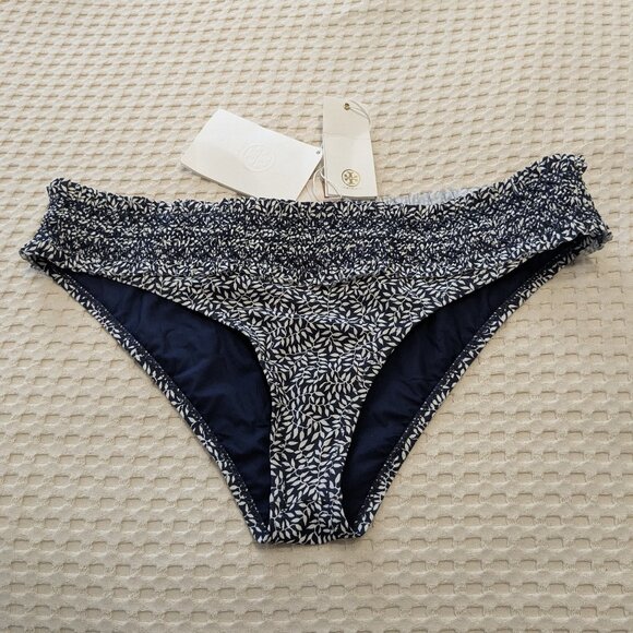 Tory Burch Costa Smocked Bikini Bottoms in Ditsy Leaf Blue Size L NEW - Picture 1 of 2